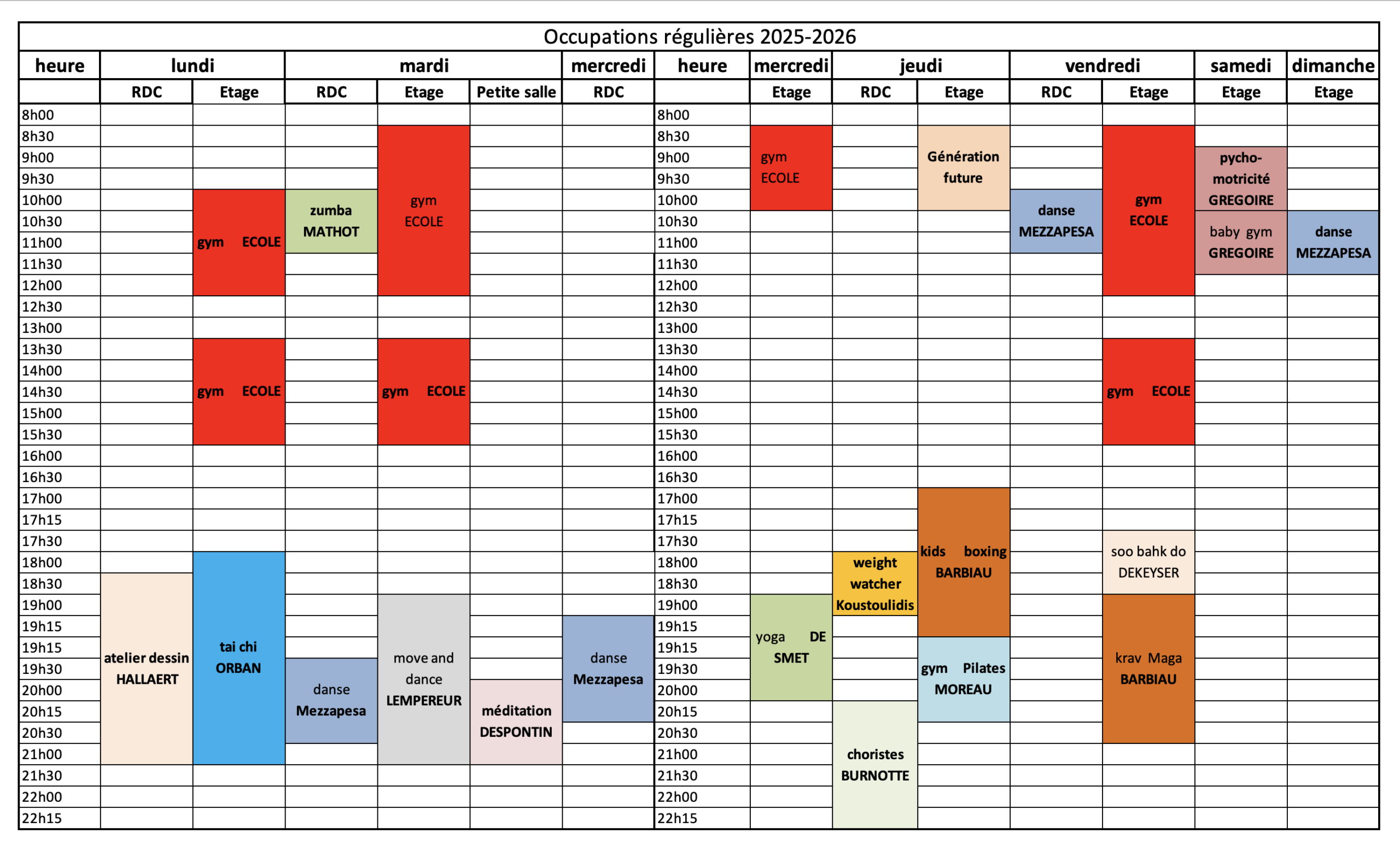 Calendrier des occupations régulières 2025-2026